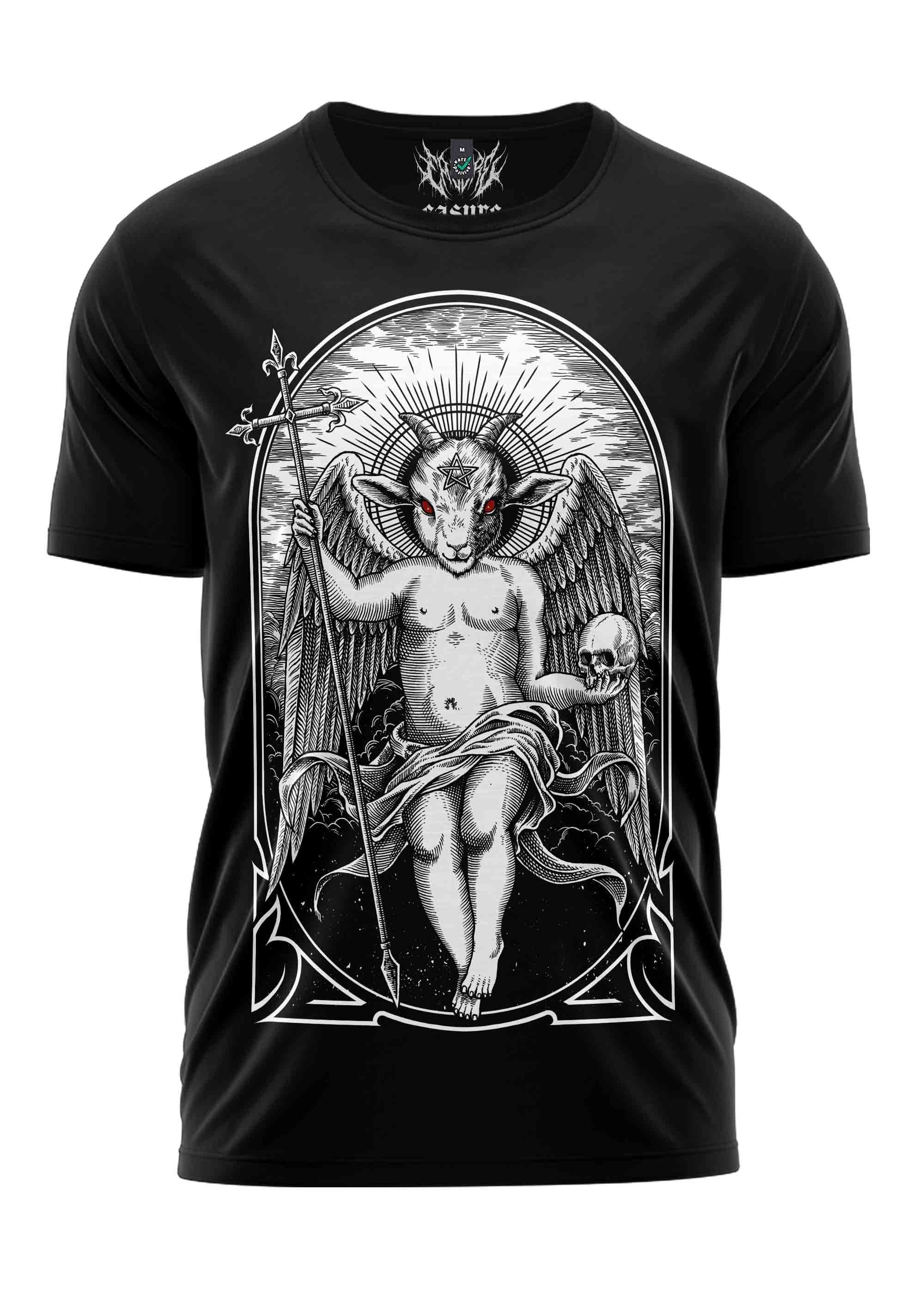 Schwarzes Satanas Shirt mit dämonischem Engel-Motiv für düsteren Eindruck
