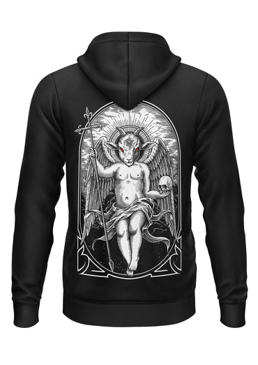 Schwarzer zip-up hoodie mit weißem linienart-grafik eines geflügelten hornigen dämonengottes mit roten augen skull staff okkultelemente verknüpft gaia lizenzierte kleidung religiöse ikonografie