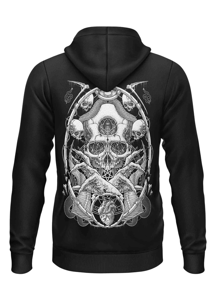 Schwarzer schwerer unisex hoodie mit gaia lizenziertes backprint ornate schädel design und herz im zentrum