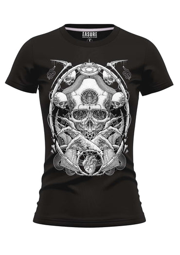 Black easure the demon girlie t-shirt aus weicher qualität mit weißem grafikdesign aus schädeln herzen und okkultsymbolen