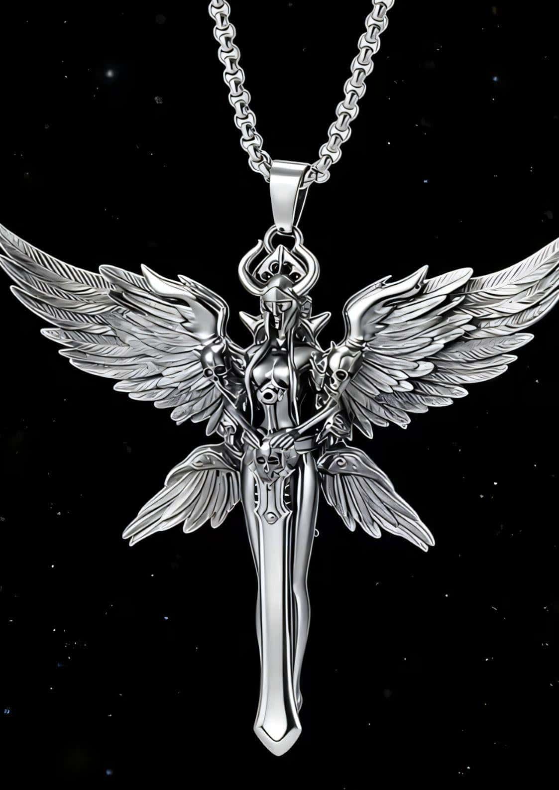 Silberner engel anhänger mit detaillierten flügeln und schwert design an passender kette der demon of death halskette