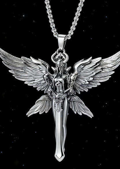 Silberner engel anhänger mit detaillierten flügeln und schwert design an passender kette der demon of death halskette