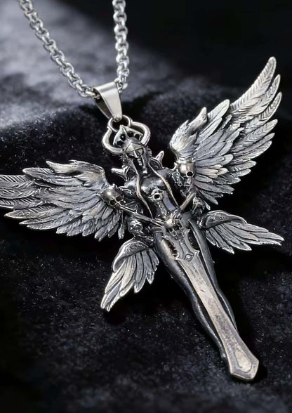 Silberne demon of death halskette mit engelsflügel-anhaenger und schwertdesign an passender kette