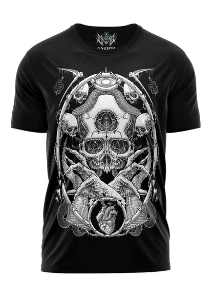 Schwarzes kurzarmshirt the demon mit detaillierter weiße gothic grafik aus schädeln ketten und anatomischem herz