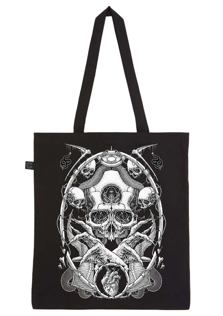 Schwarzer tote bag the demon aus vegane bio-baumwollbeutel mit detailreichem weißem motiv aus schädeln, schlangen und anatomischem herz