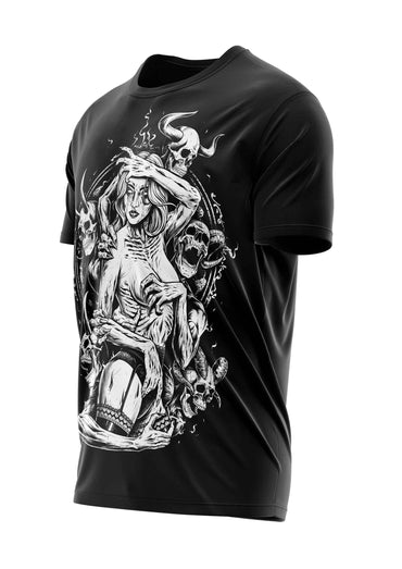 Schweres Unisex T-Shirt The Demons Wife mit Skelett-Horn-Grafik