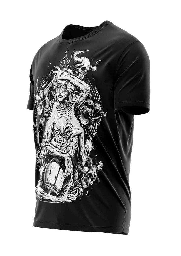 Schweres unisex t-shirt the demons wife mit schwarzem weißem grafikmotiv eines skeletts mit hörnern aus strapazierfähigem stoff