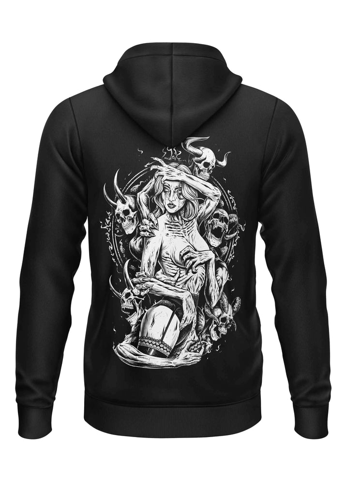 Schwarzer zip-up hoodie the demons wife mit detailliertem schwarz-weiß grafik dämonen ehefrau gaia lizenzierte kleidung