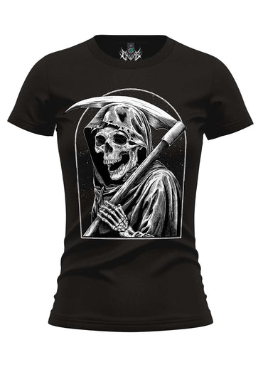 Schwarzes mädchen t-shirt the ending mit detailliertem weißen grim reaper line-art in gotischem rahmen für dunkle mode