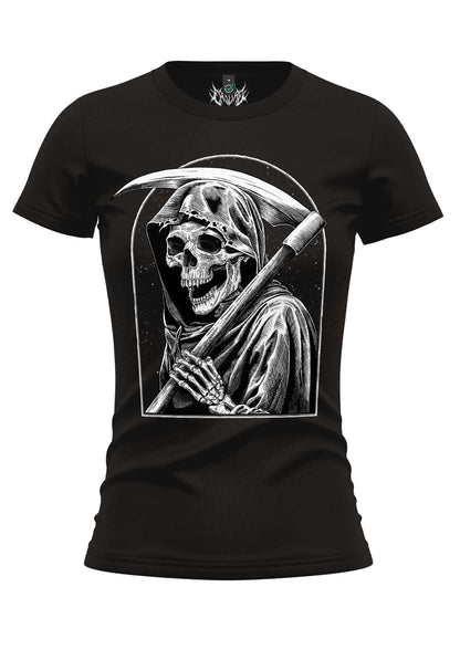 Schwarzes mädchen t-shirt the ending mit detailliertem weißen grim reaper line-art in gotischem rahmen für dunkle mode