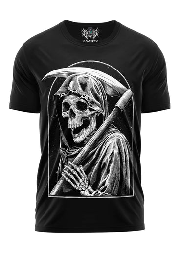 Schwarzes the ending shirt mit detaillierter schwarz-weißer grim reaper illustration und sense auf der vorderseite