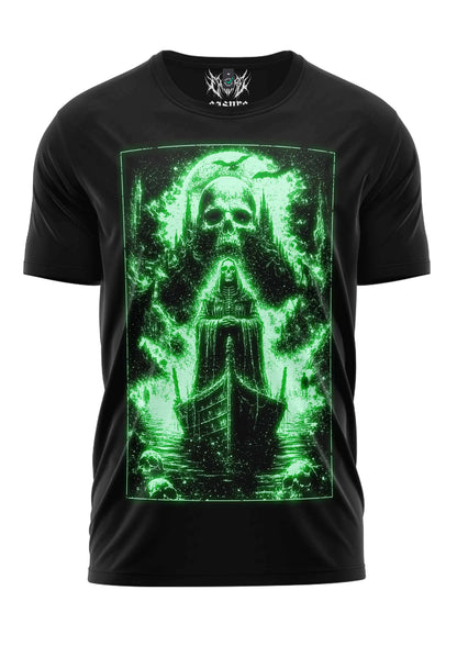 Schwarzes kurzarmshirt mit leuchtendem grünen grafikdruck des skelettfahrers auf boot in gothic kleidung horror style