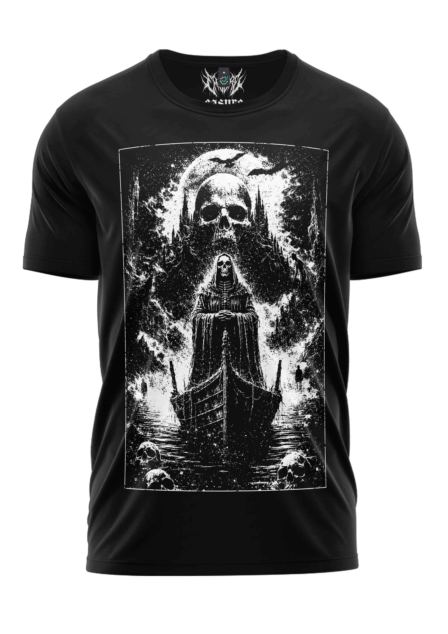 Schwarzes gothic t-shirt mit detaillierter schwarz weiß grafik eines skelettfährmanns auf boot, perfekt für deinen stil