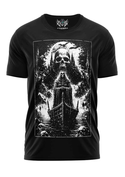 Schwarzes gothic t-shirt mit detaillierter schwarz weiß grafik eines skelettfährmanns auf boot, perfekt für deinen stil