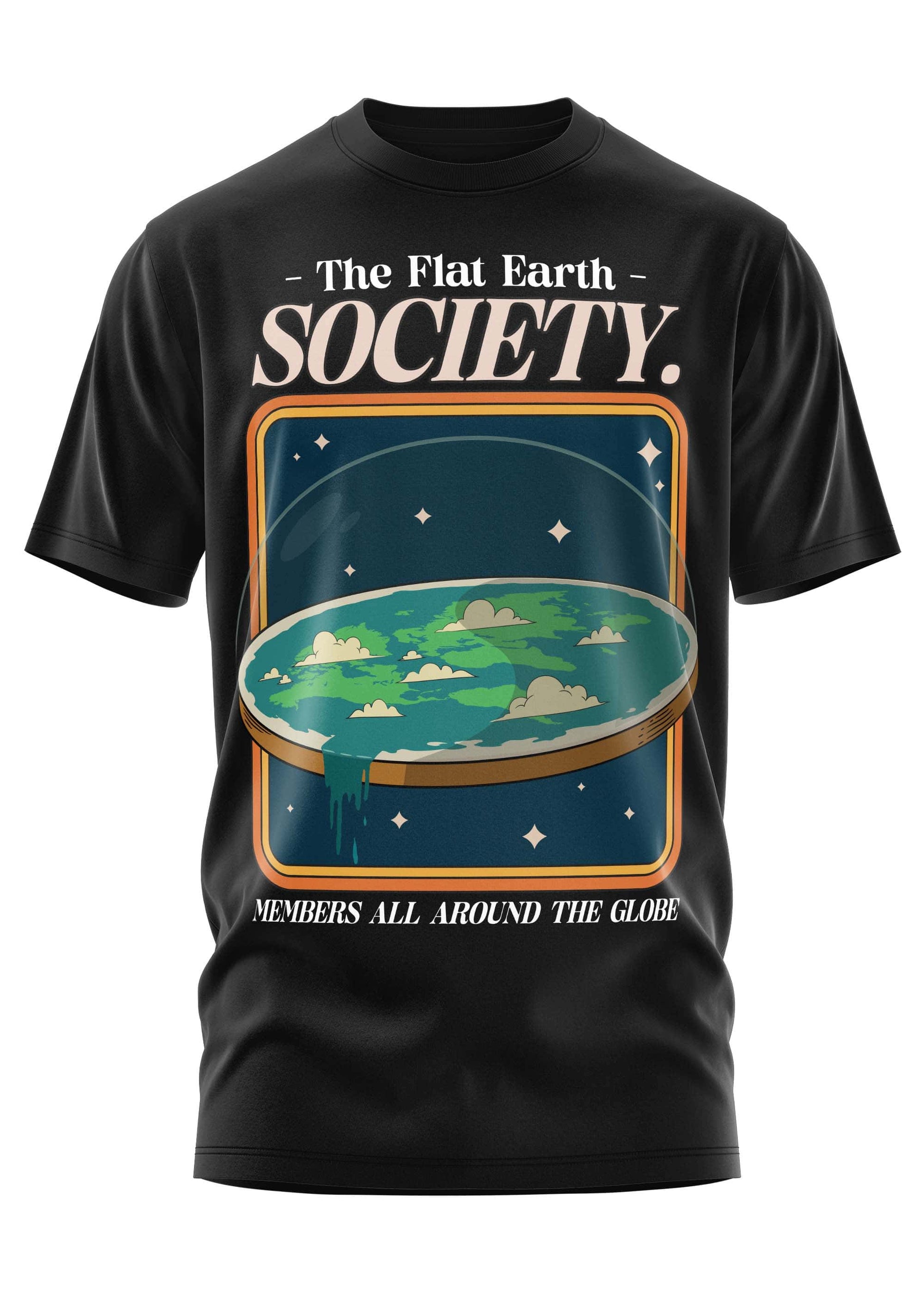 Schwarzes kurzarmshirt mit flat earth society grafik flache weltkarte sterne gothic horror stilelemente
