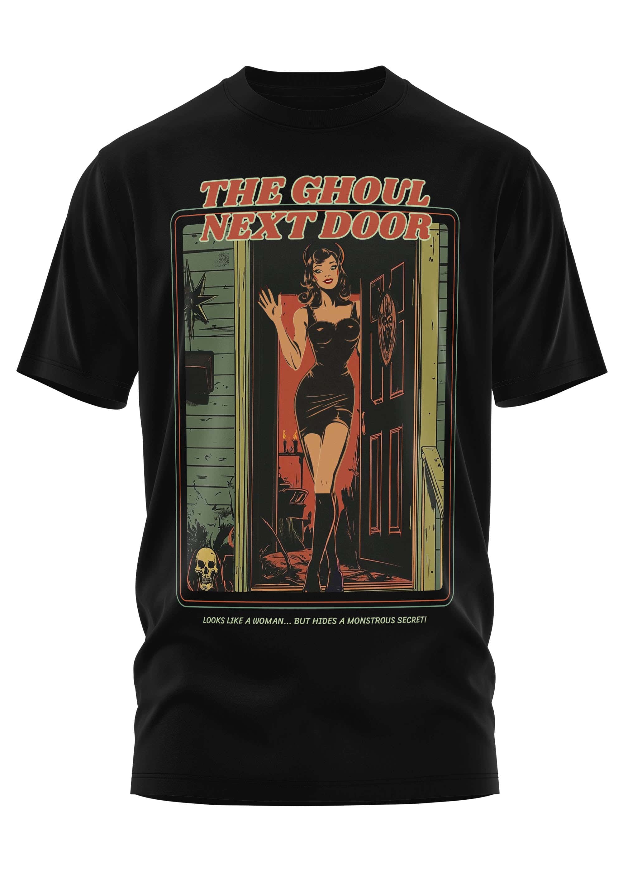 Schweres unisex-t-shirt in schwarz mit retro-grafik der frau im schwarzen kleid und the ghoul next door schriftzug