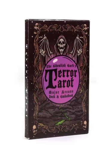 Die ghoulish garb terror tarot 22 karten zeigen ein gothisches horror tarotdeck mit dunkelbraunem cover und lila emblem