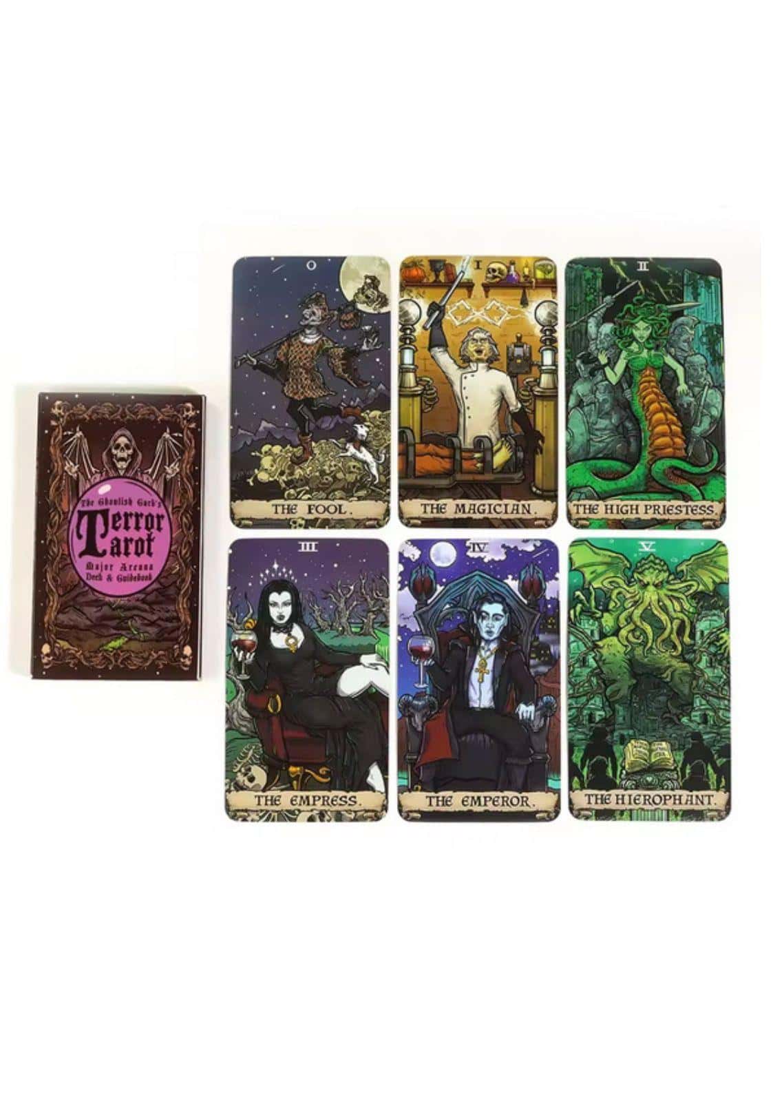 Die ghoulish garb terror tarot 22 karten sind ein offizielles tarotdeck mit dunklem braunen kasten und gotischen horrorillustrationen
