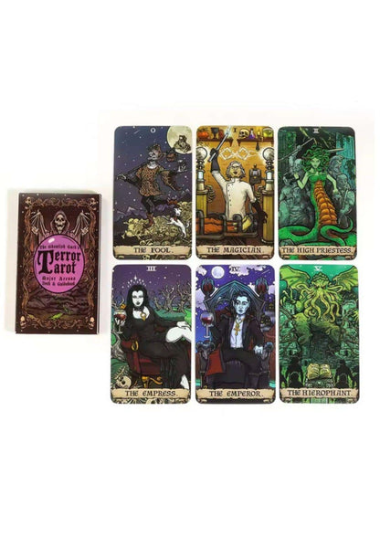 Die ghoulish garb terror tarot 22 karten sind ein offizielles tarotdeck mit dunklem braunen kasten und gotischen horrorillustrationen
