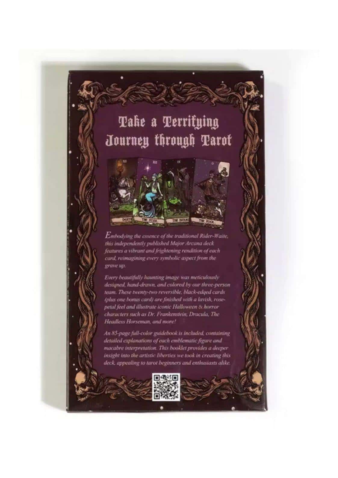The ghoulish garb terror tarot 22 karten gothic tarot kartendeck dunkelviolette box mit goldverzierung und rückenillustration