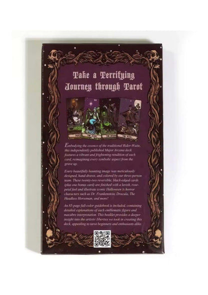 The ghoulish garb terror tarot 22 karten gothic tarot kartendeck dunkelviolette box mit goldverzierung und rückenillustration