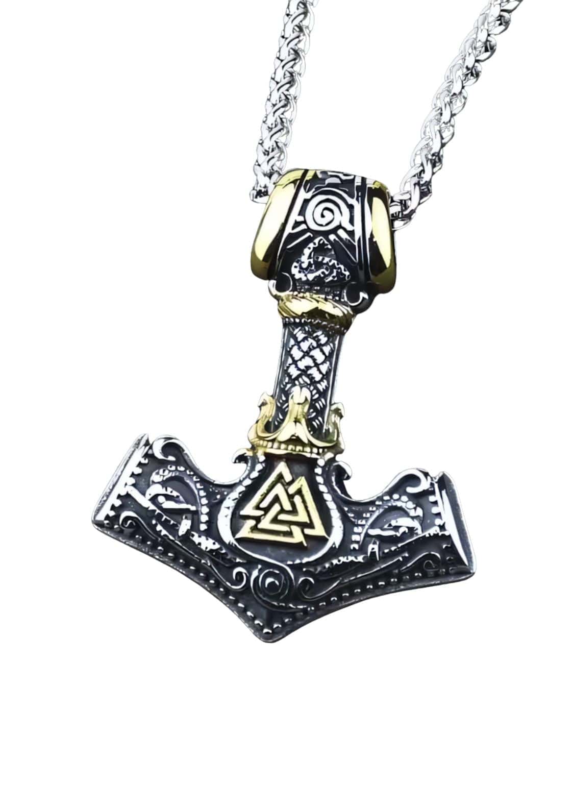 Silber- und goldfarbene the hammer halskette mit verschnörkelten nordisch inspirierten gravuren