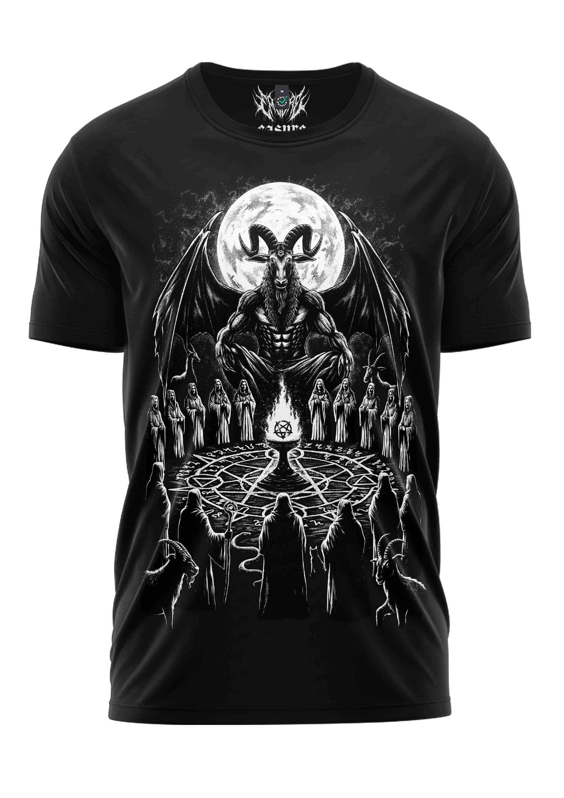 Black short-sleeved shirt the homage mit ausdrucksstarkes gothic grafik düstere Ästhetik verbinden und pentagramm
