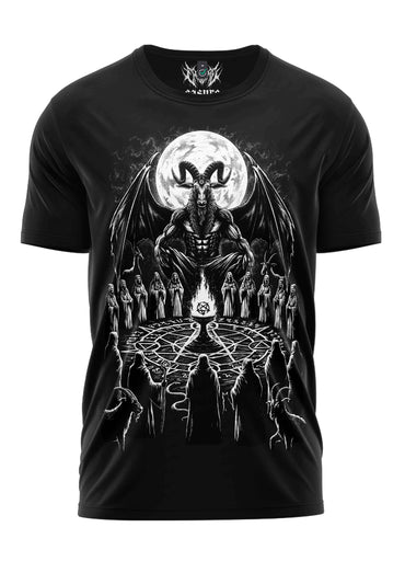 Black short-sleeved shirt the homage mit ausdrucksstarkes gothic grafik düstere Ästhetik verbinden und pentagramm