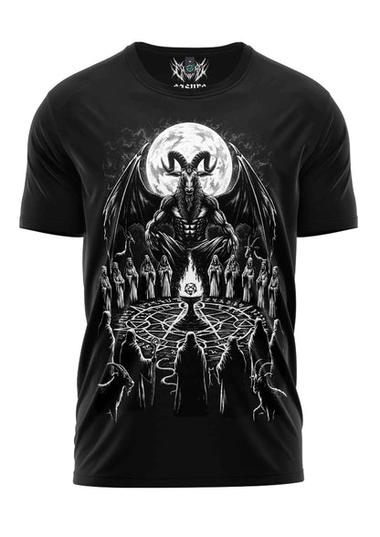 Black short-sleeved shirt the homage mit ausdrucksstarkes gothic grafik düstere Ästhetik verbinden und pentagramm