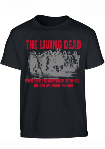 Bitte gothic horror t-shirt aus schwarzer baumwolle mit zombies in graustufen und rotem the living dead text