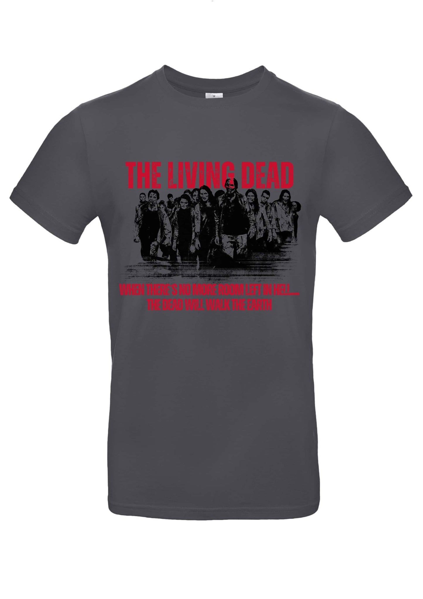 Dunkelgraues cotton t-shirt mit gothic horror zombies grafik und the living dead schriftzug in rot