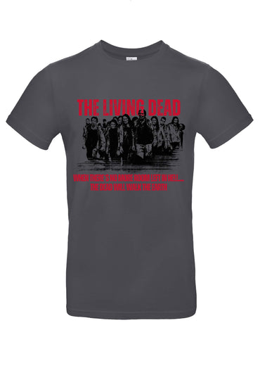 Dunkelgraues cotton t-shirt mit gothic horror zombies grafik und the living dead schriftzug in rot