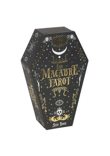 Schwarze sargförmige box mit goldfolienverzierung und schädeln für the macabre tarot tarotkarten