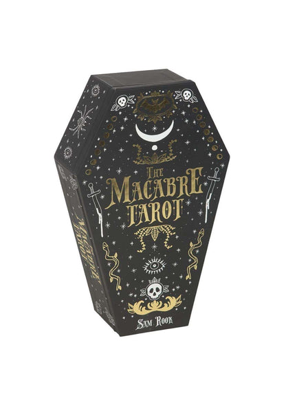 Schwarze sargförmige box mit goldfolienverzierung und schädeln für the macabre tarot tarotkarten