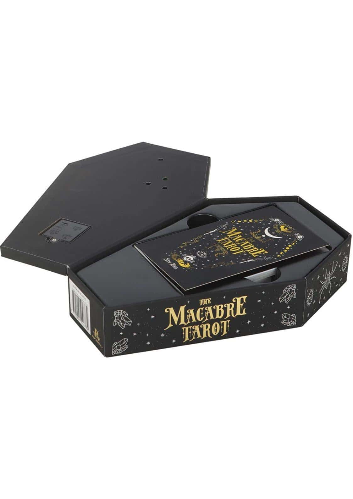 Schwarze sechseckige box mit goldfolie lettering und okkulten illustration für the macabre tarot tarotkarten