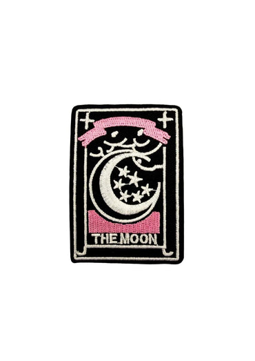 Schwarzer kunstvoller aufnäher the moon mit weißem mond und sternen, rosa bändern, der mystische note verleiht