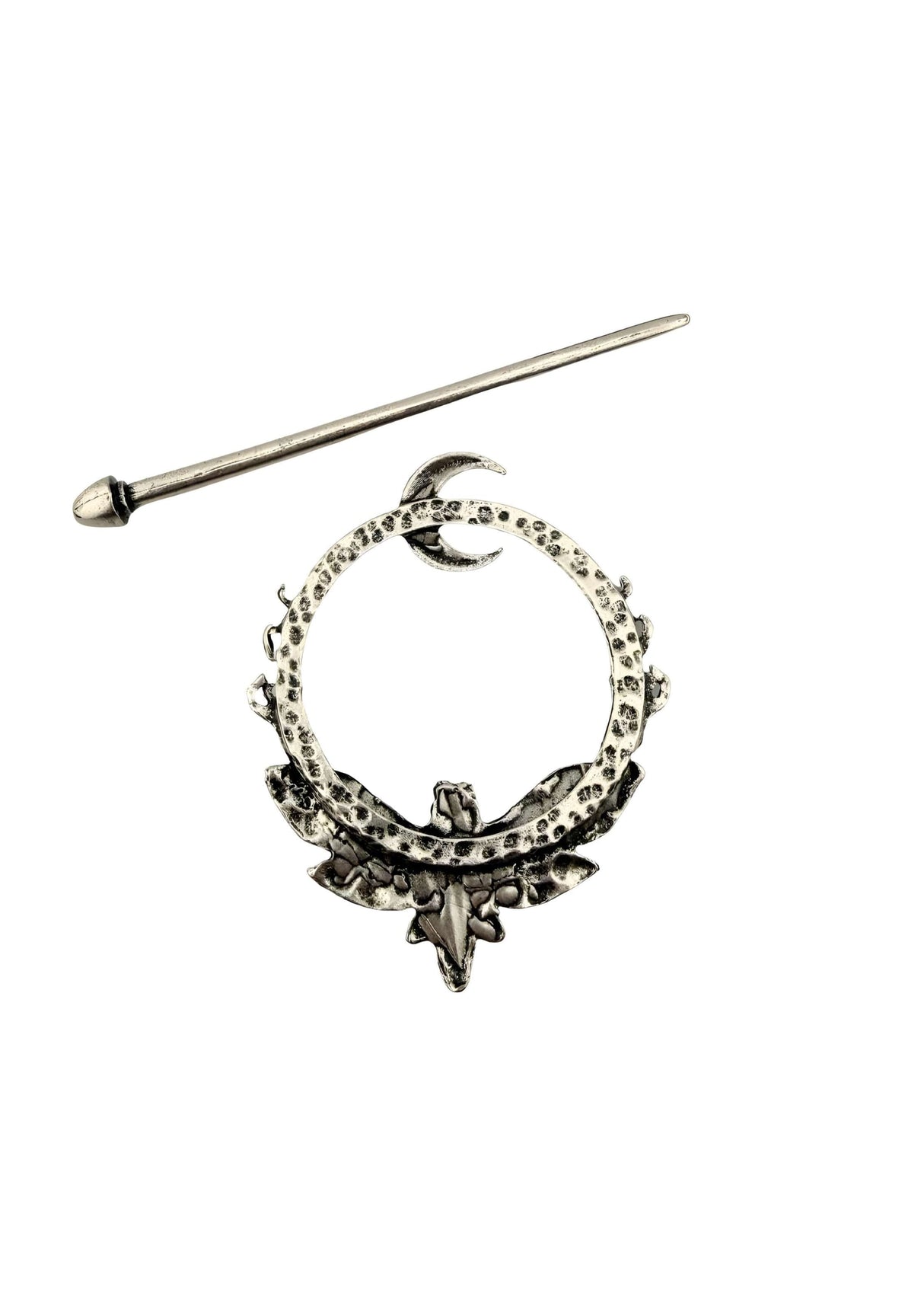 Silberner Gothic-Metal Haarklammer The Moth mit Mond und Blättern