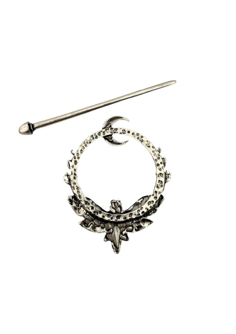 Silberner Gothic-Metal Haarklammer The Moth mit Mond und Blättern