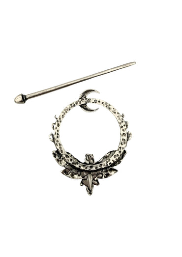 Silberner Gothic-Metal Haarklammer The Moth mit Mond und Blättern