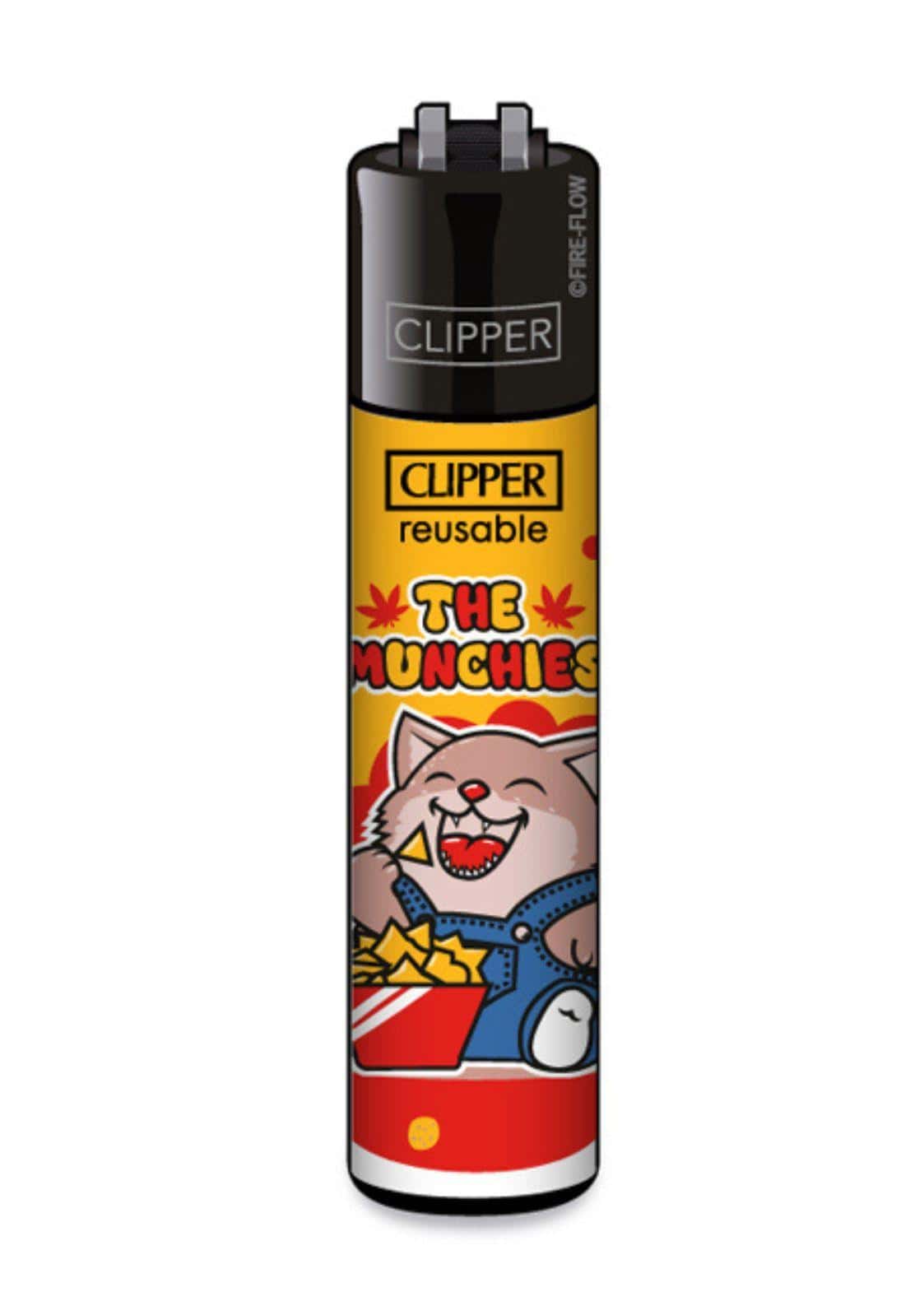 Gelbes und rotes clipper feuerzeug mit cartoon-katze in latzhose für deinen alltagsgebrauch the munchies
