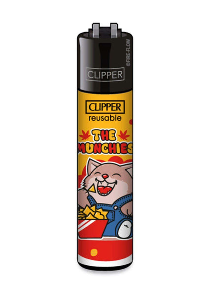 Gelbes und rotes clipper feuerzeug mit cartoon-katze in latzhose für deinen alltagsgebrauch the munchies