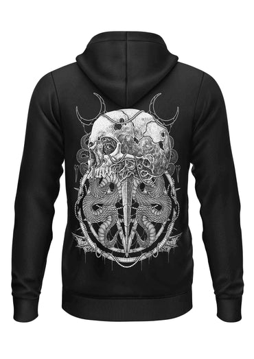 Schwarzer schwerer unisex hoodie mit weißem schädel mit hörnern und schlangen als rückseite gaia lizenzierte kleidung