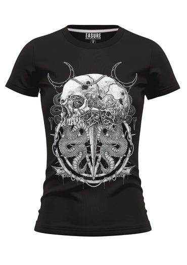 Black womens girlie shirt mit detailliertem weißen schädelmotiv mit hörnern und schlängeln in weicher qualität
