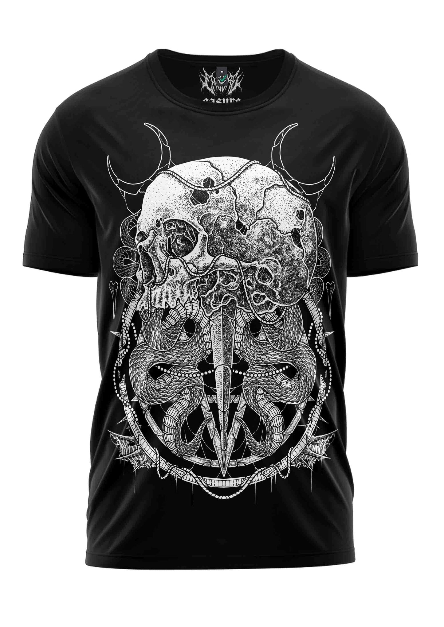 Schwarzes kurzarmshirt the skull mit weißem gotischem horror-zeichen eines gehörnter schädels und schlangen
