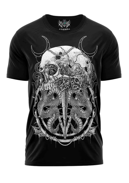 Schwarzes kurzarmshirt the skull mit weißem gotischem horror-zeichen eines gehörnter schädels und schlangen