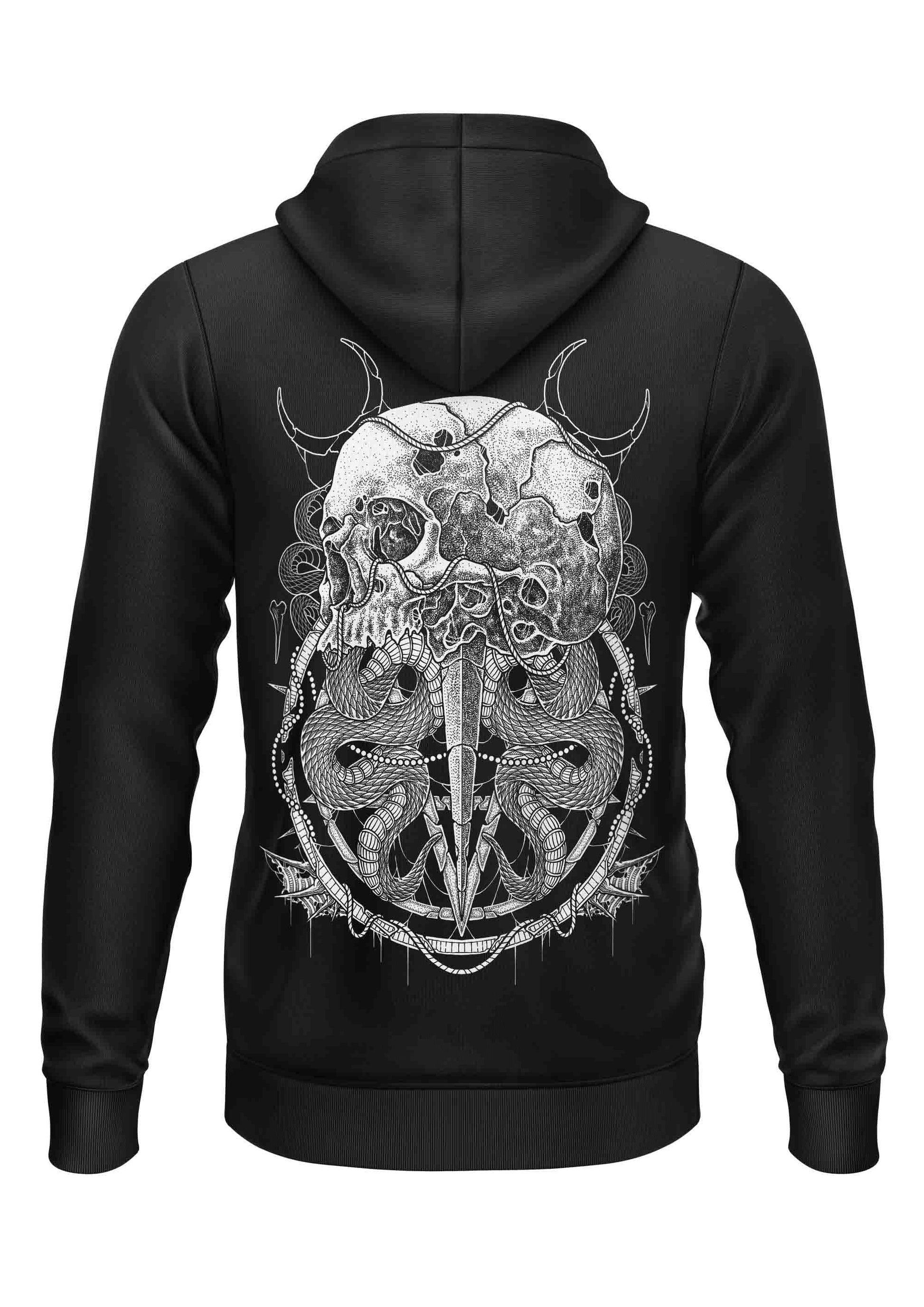 Schwarzer Hoodie THE SKULL - ZIPPER mit weißem Schädelmotiv, recyceltes Polyester