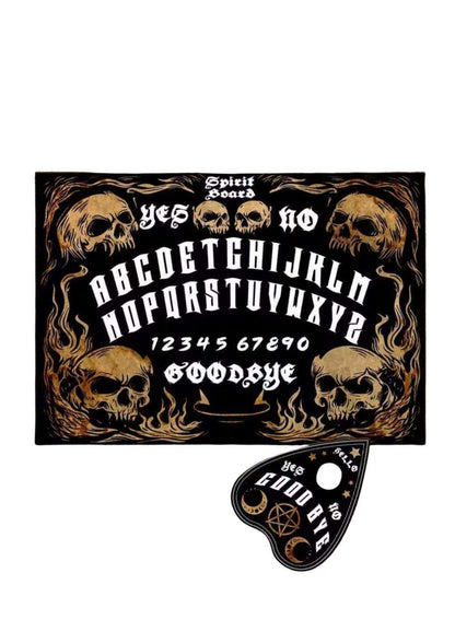 The skulls ouija board schwarz mit goldenen schädeln und flammen im klassische ouija-tradition design mit planchette