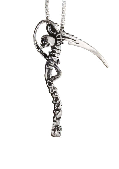 Silberne skeleton sense halskette das werkzeug des todes mit polierter oberfläche und gotischem schmuckdesign