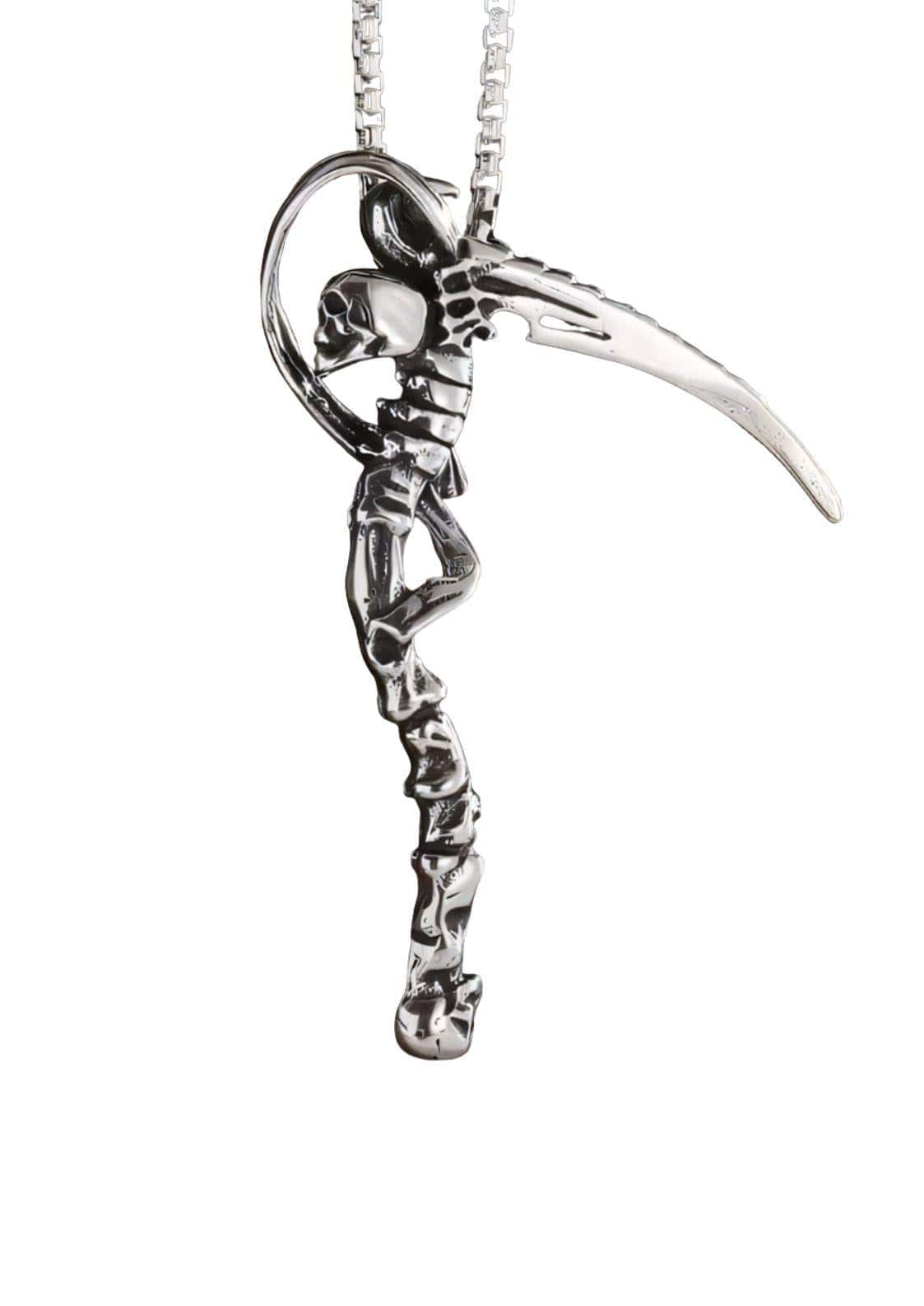 Silver skeleton scythe pendant with polished finish and intricate detailing from the tool of death halskette