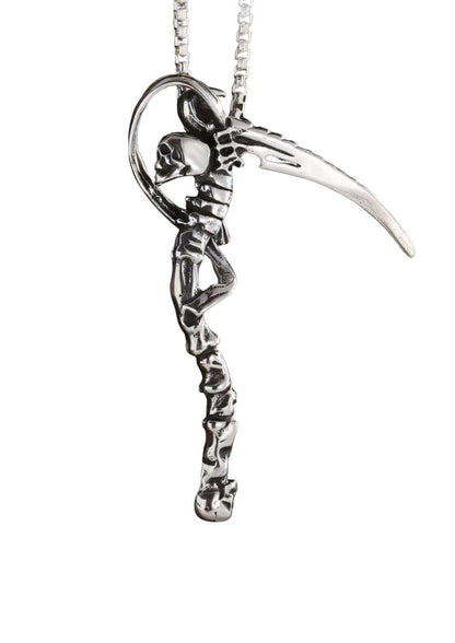 Silver skeleton scythe pendant with polished finish and intricate detailing from the tool of death halskette